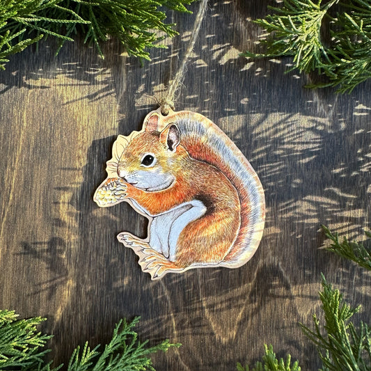 American red squirrel wood print ornament