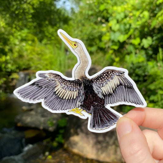 A hand holding a sticker of an anhinga.