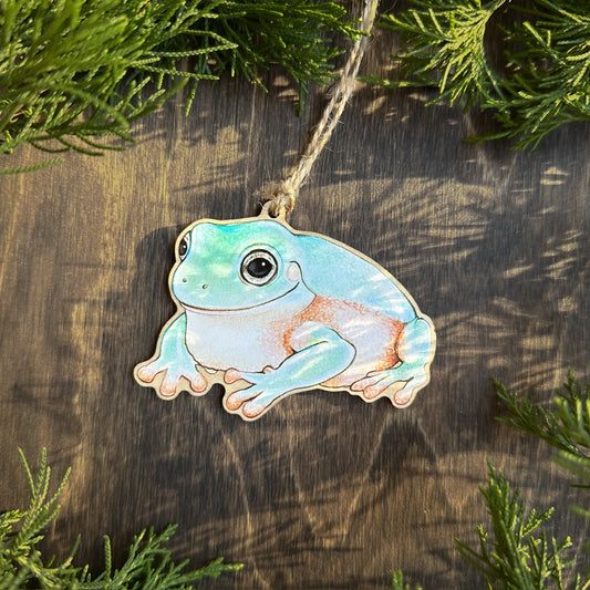 Australian green tree frog wood print ornament