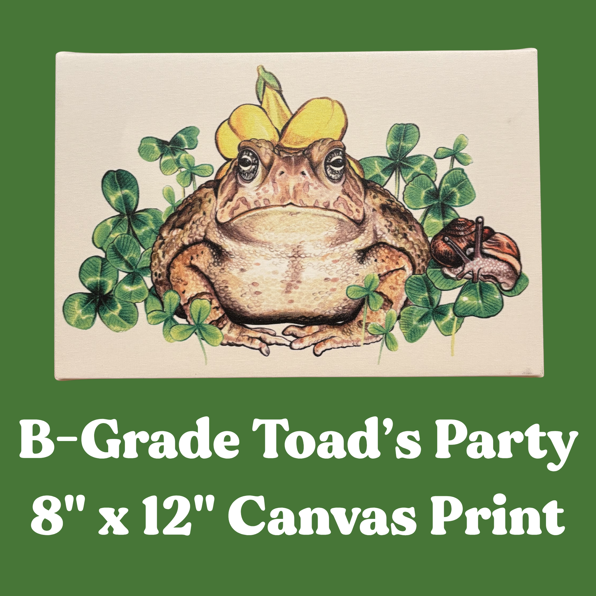 Canvas print with a toad and clover design. Text reads B-Grade Toad's Party 8" x 12" Canvas Print