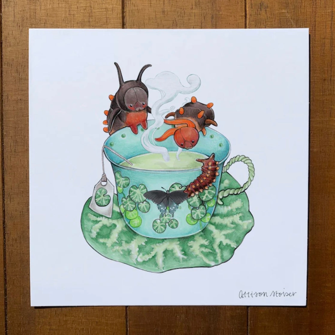 A print of a pipevine swallowtail caterpillar tea party