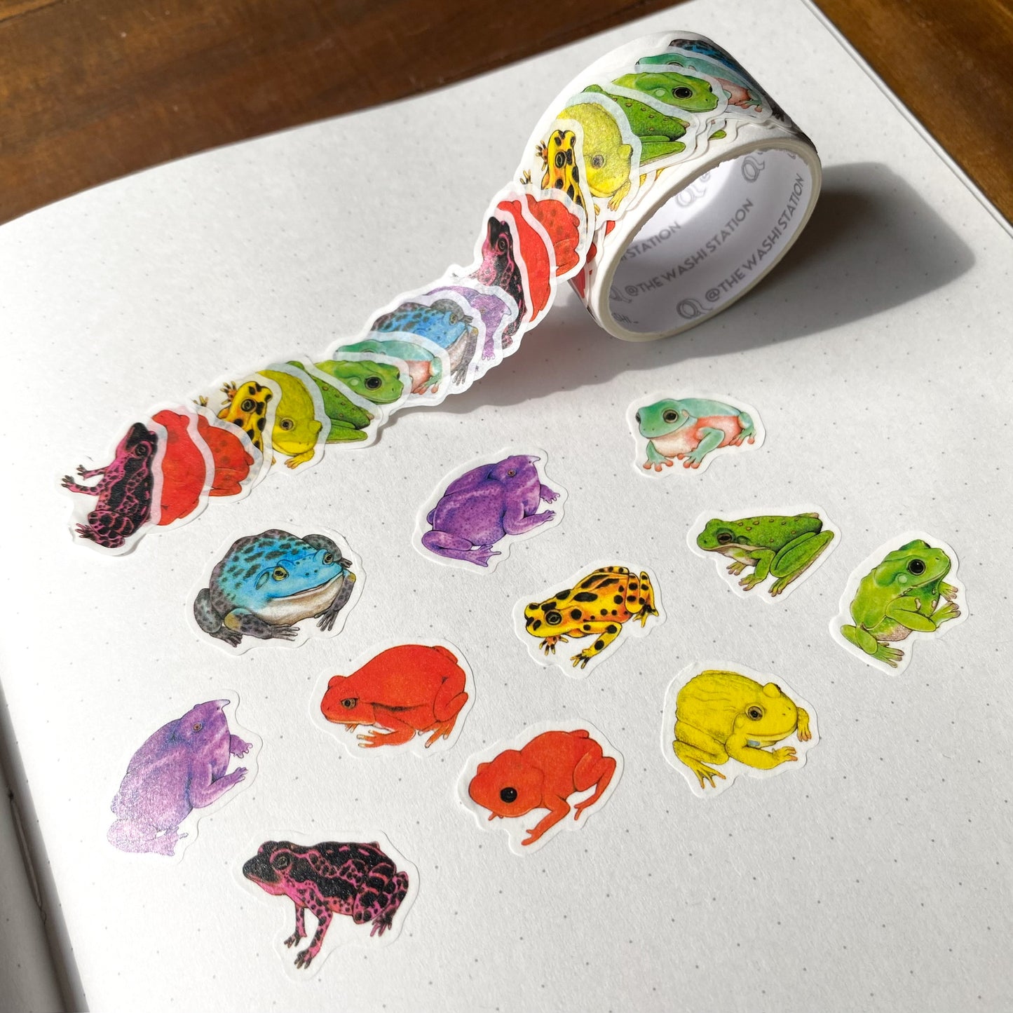 Washi stickers showing colorful frogs swatched on a notebook.