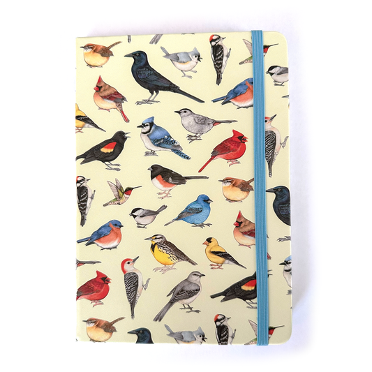 Notebook with bird pattern on parchment background