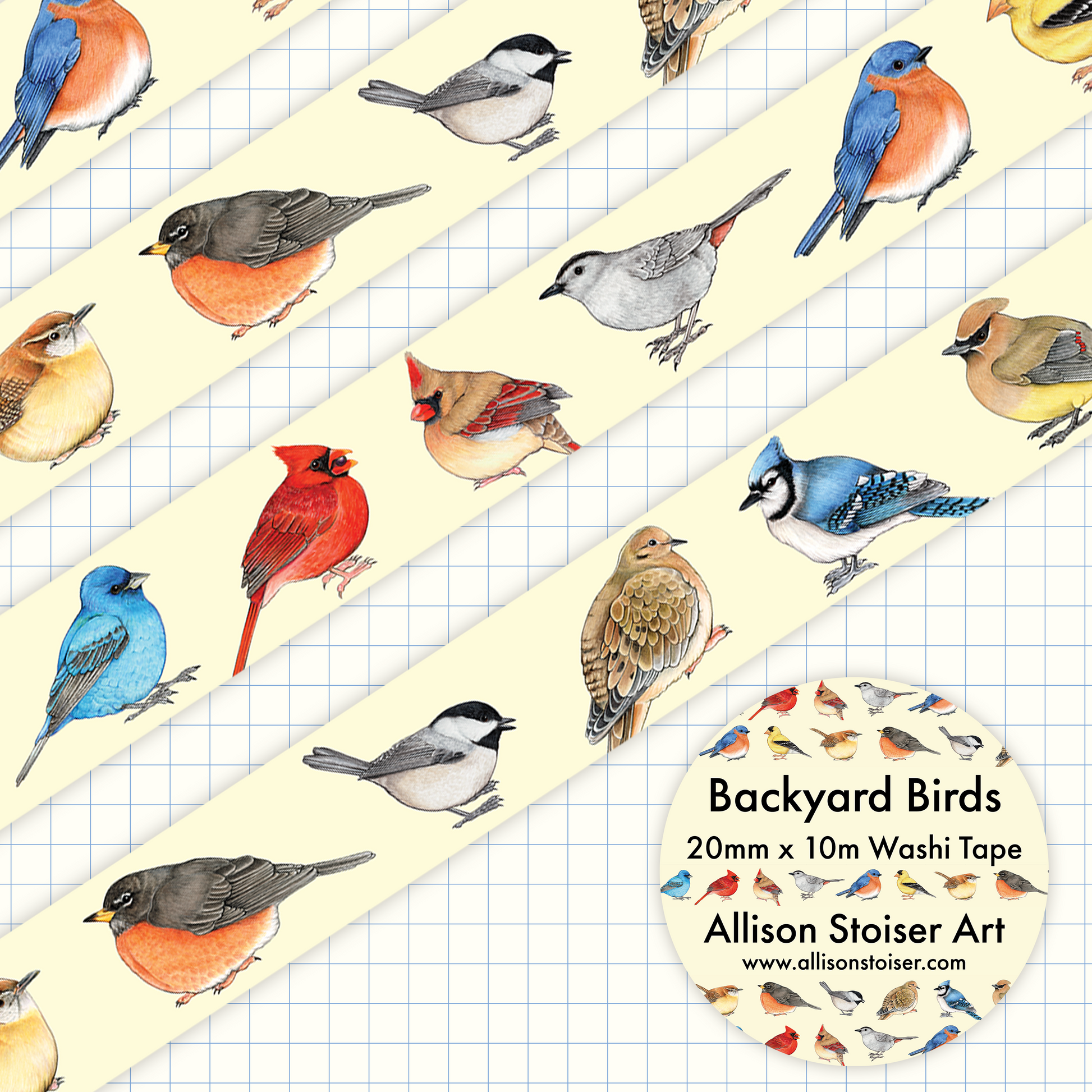 A roll of washi tape featuring various illustrations of different backyard birds on a parchment colored background.