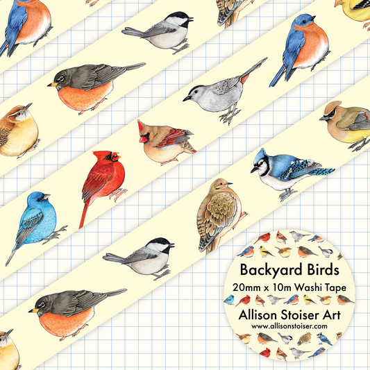 A roll of washi tape featuring various illustrations of different backyard birds on a parchment colored background.