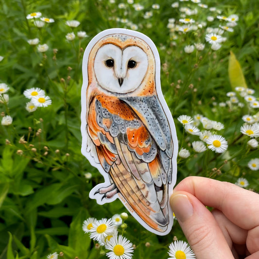 Hand holding a sticker of a barn owl in front of a natural background with flowers and greenery