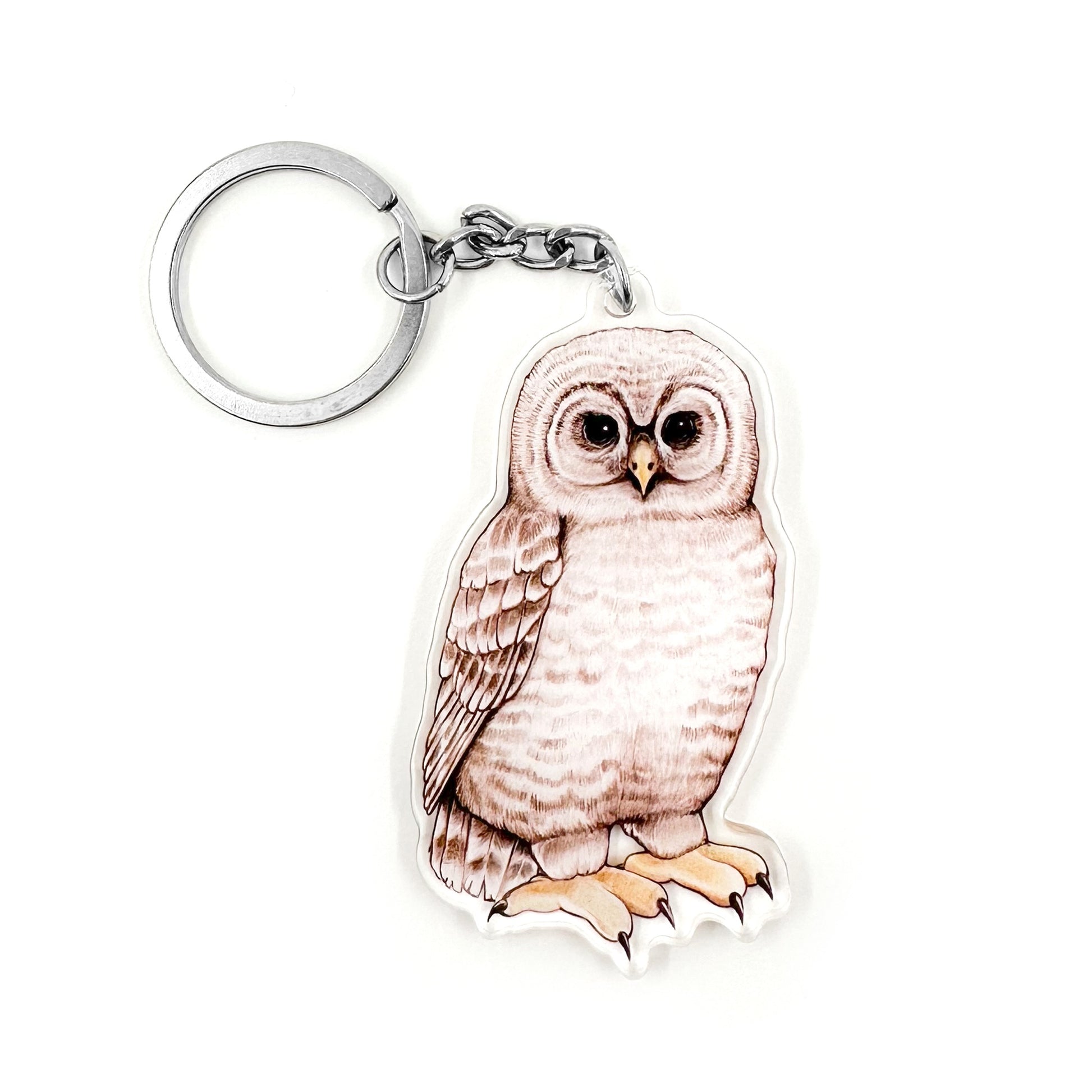 A keychain featuring an illustration of a barred owl chick