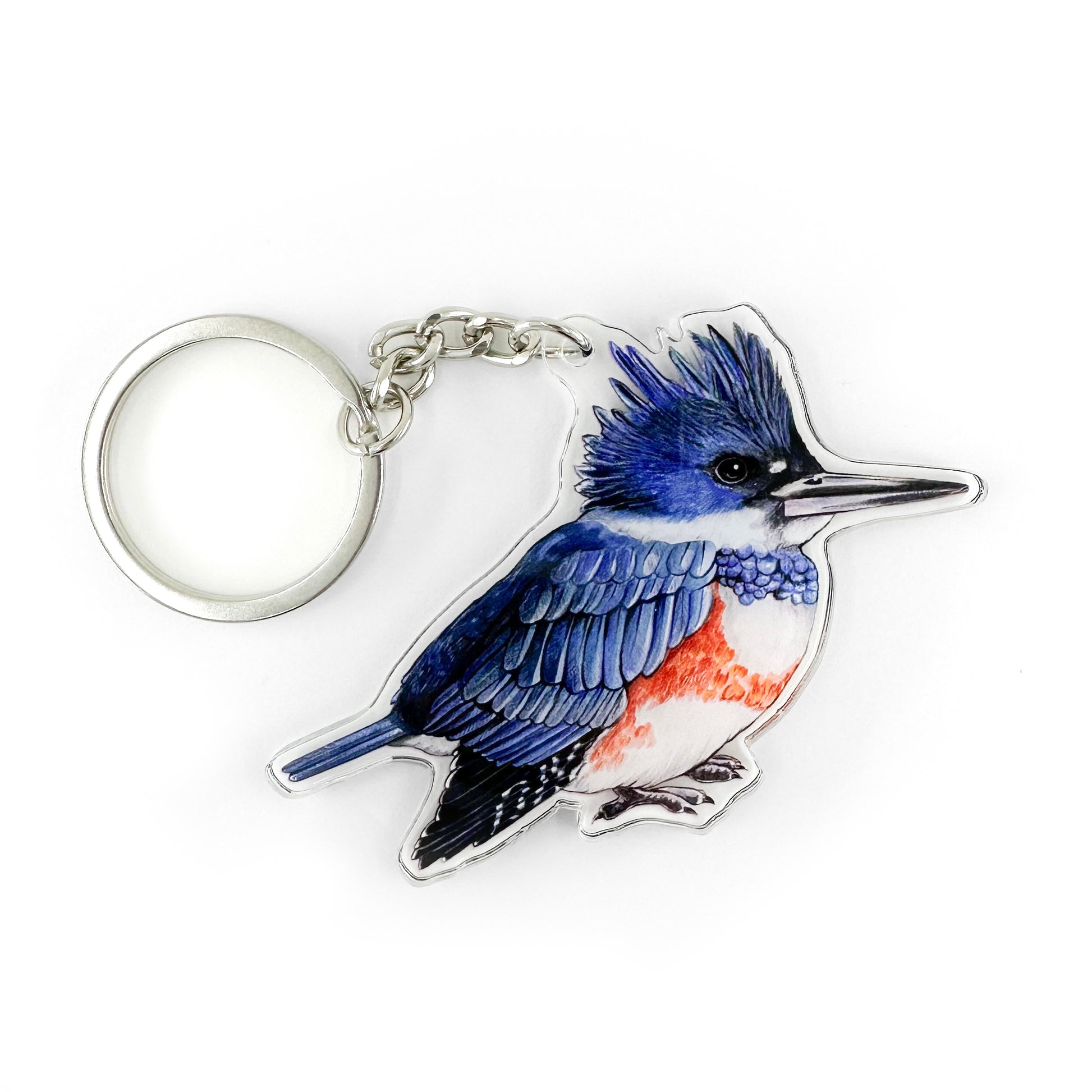 A keychain featuring an illustration of a female belted kingfisher