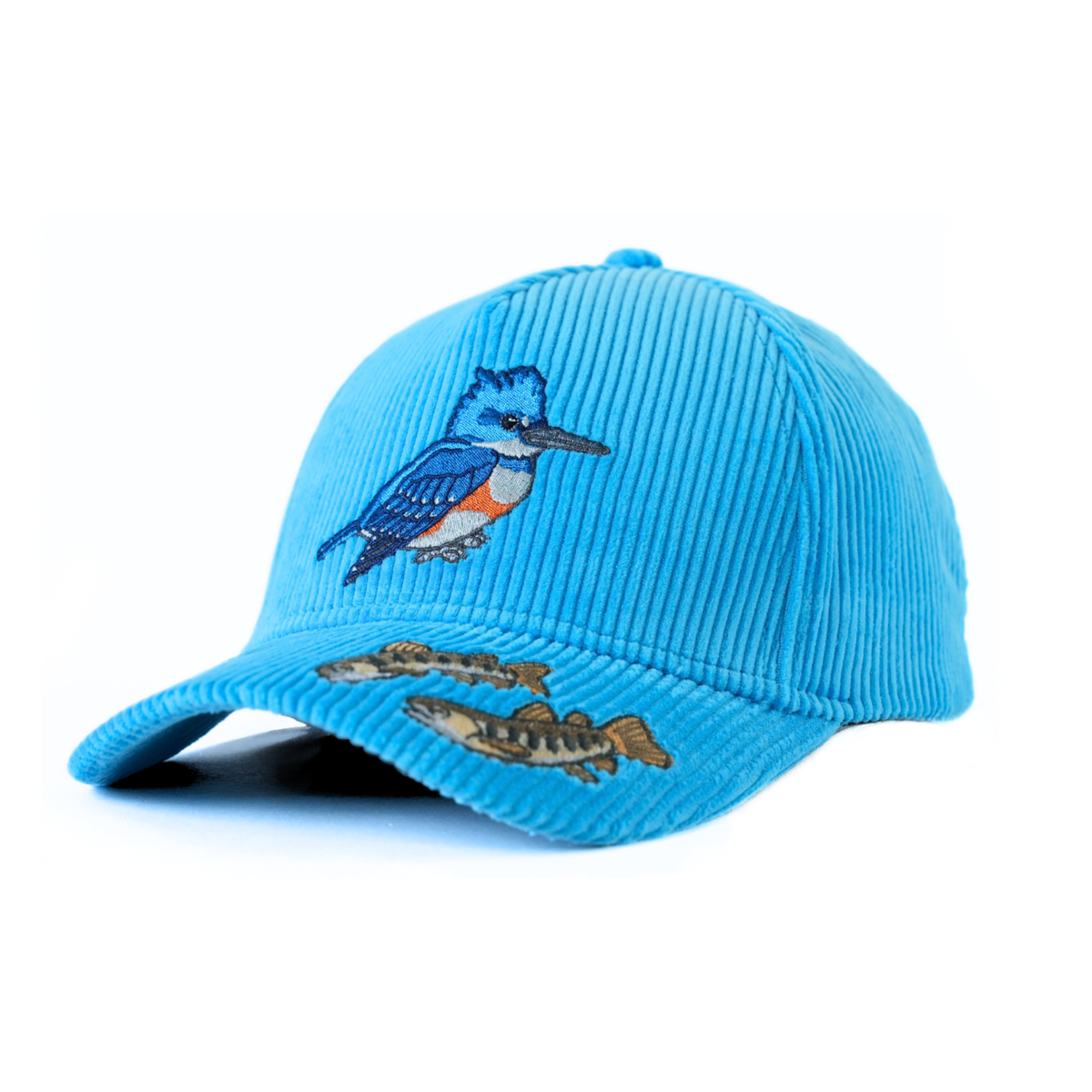 A blue corduroy baseball cap with an embroidered belted kingfisher and trout fry on a white background.