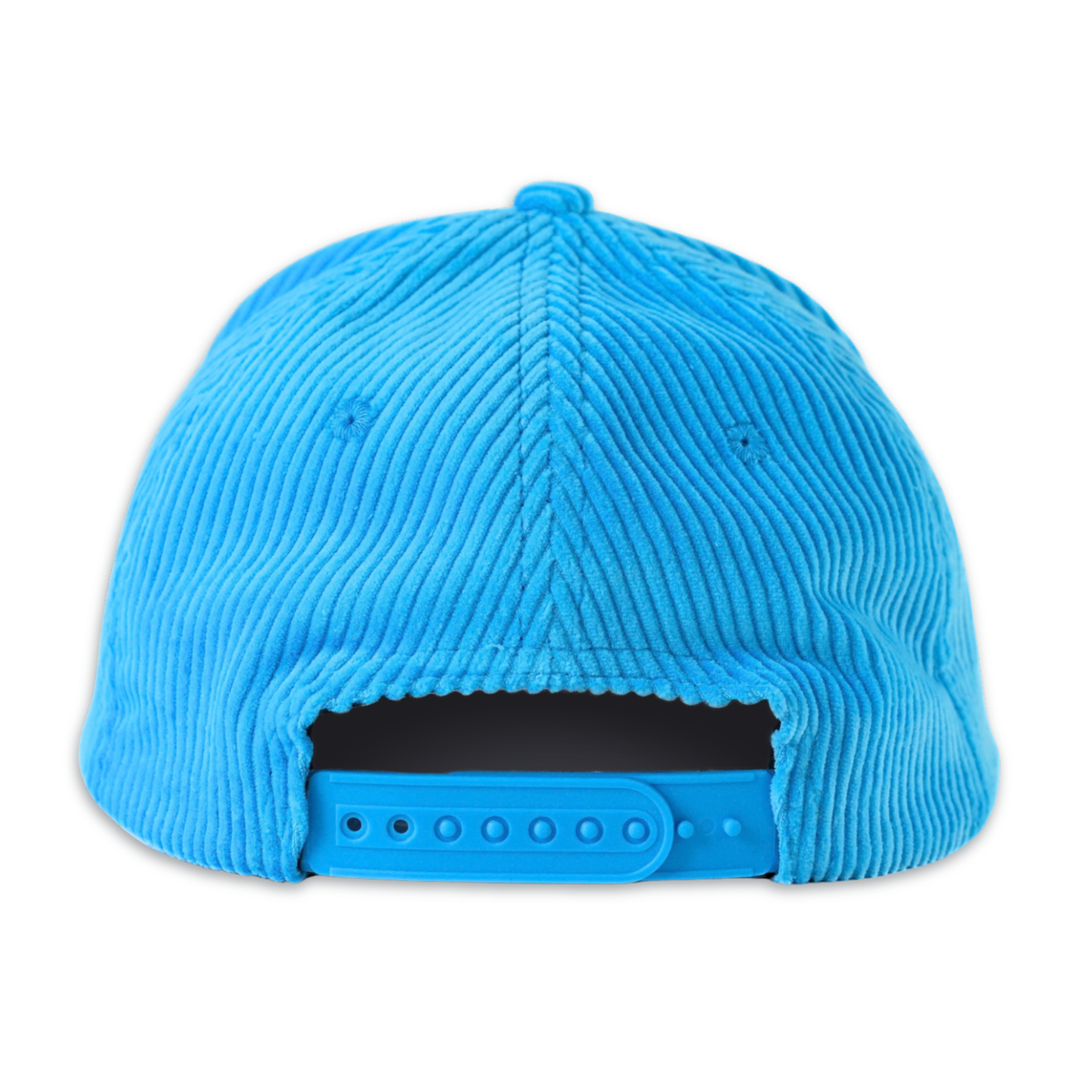 The back view of a bright blue corduroy baseball cap with an adjustable snapback closure, shown on a solid white background.