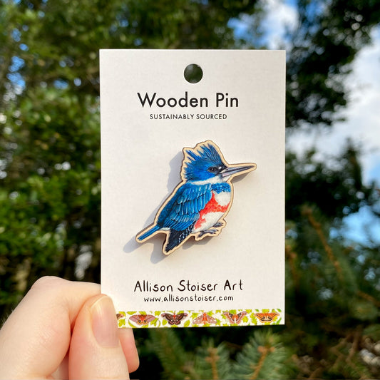 A wooden pin of a female belted kingfisher