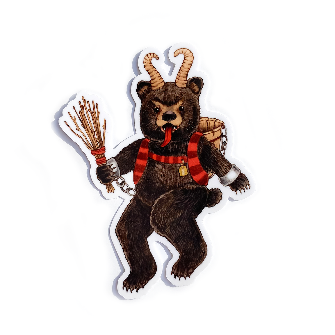 A sticker of a dancing bear dressed up as Krampus, with horns and chains, on a white background.