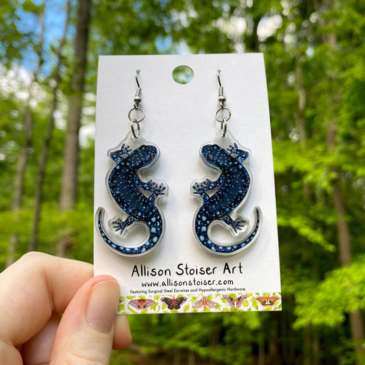 Acrylic earrings with blue-spotted salamander charms