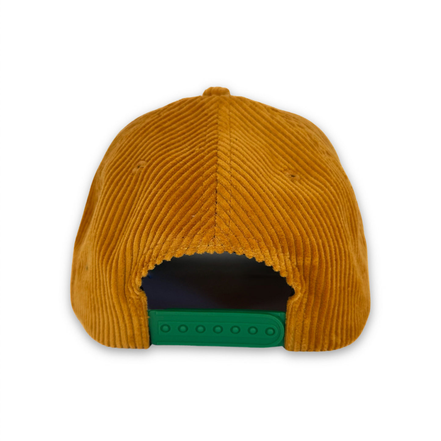Yellow corduroy cap with green snapback on a white background