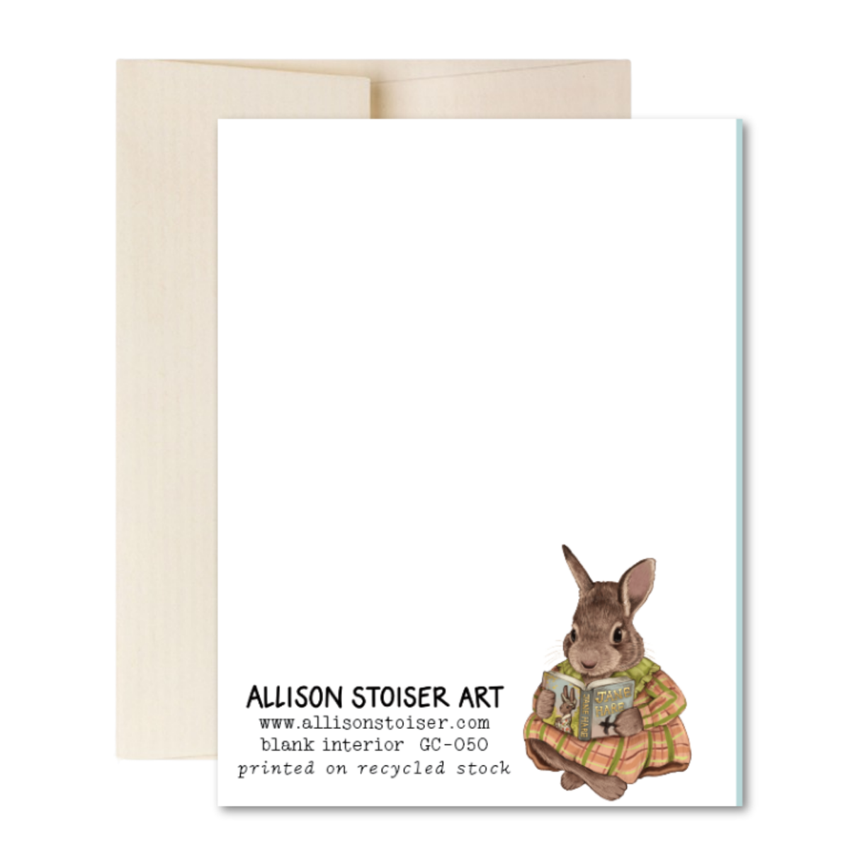 The back of a greeting card featuring a rabbit reading Jane Hare