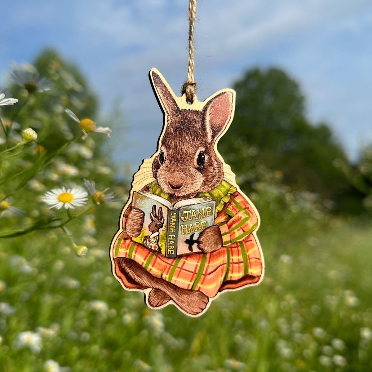 A hanging wooden ornament of a rabbit in a plaid dress reading a book, photographed outdoors against a blurred meadow and blue sky background.