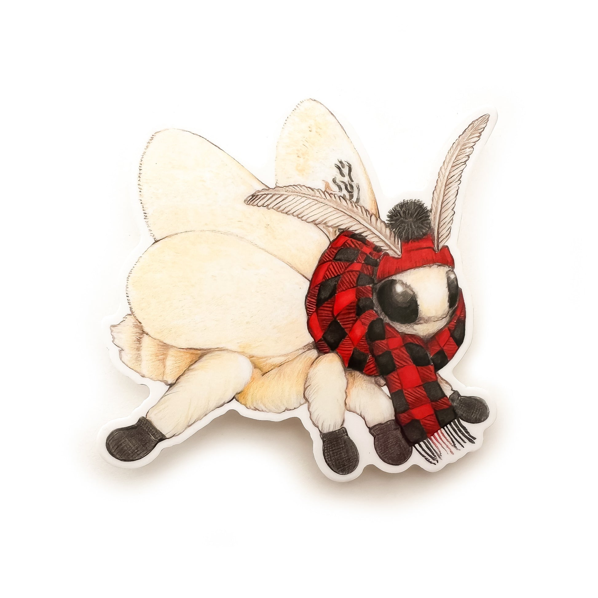 A sticker of a flannel moth wearing a red flannel scarf on a white background.