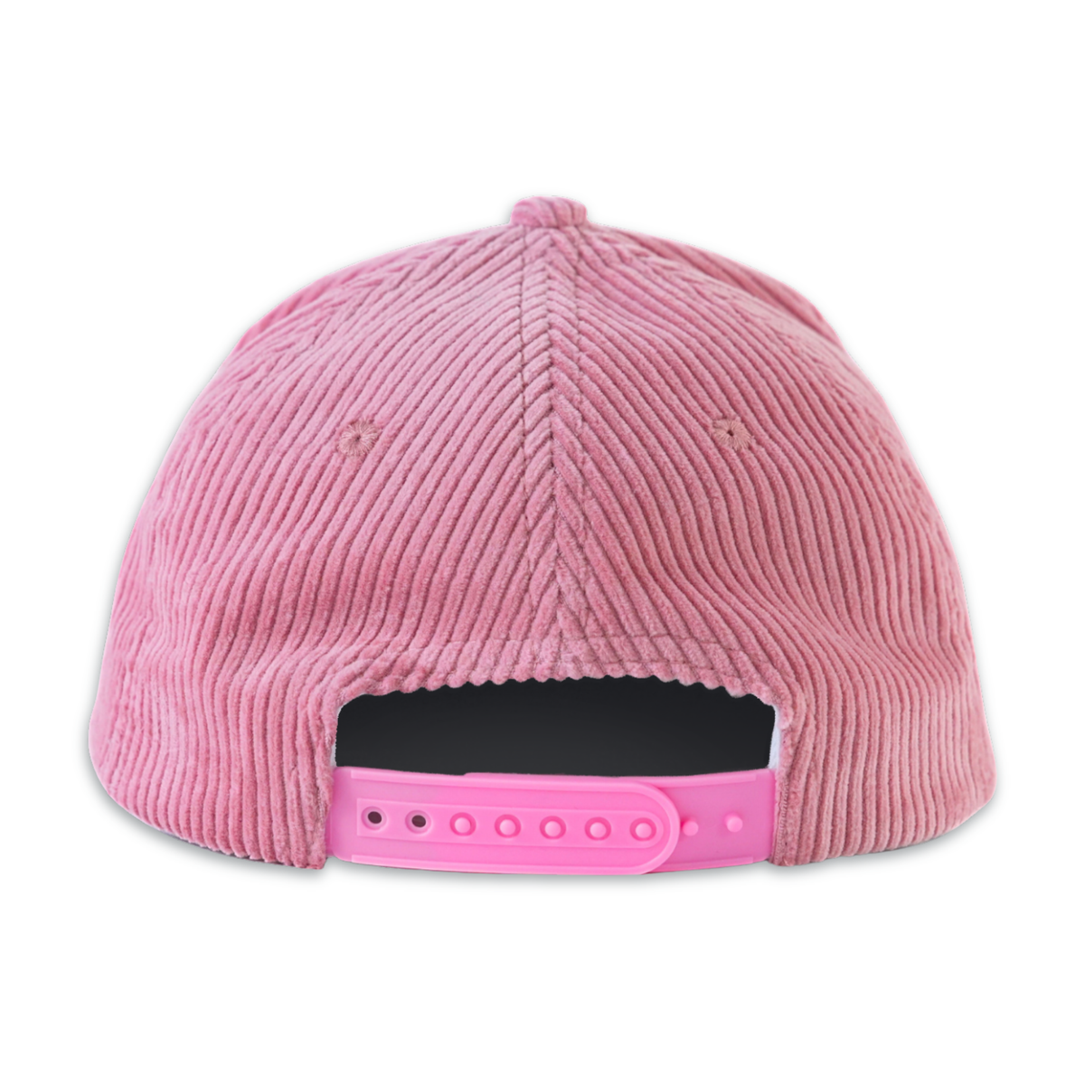 The back of a pink corduroy baseball cap with a bright pink adjustable snapback strap, shown on a plain white background.
