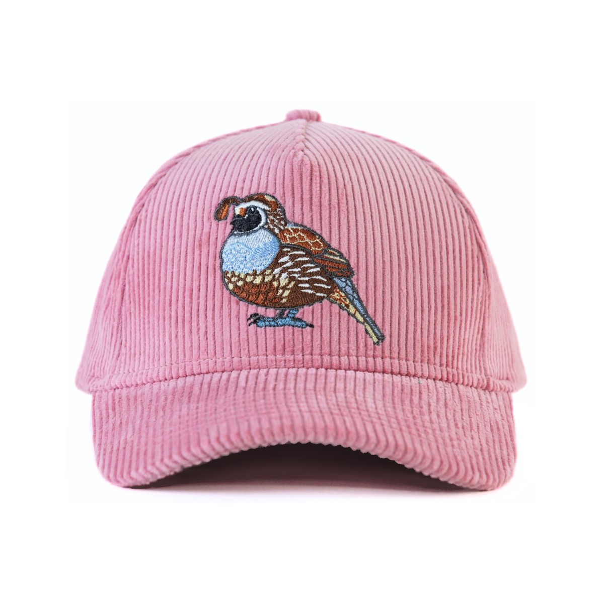 A pink corduroy baseball cap featuring an embroidered California quail on the front, set against a plain white background.
