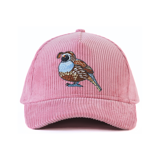 A pink corduroy baseball cap featuring an embroidered California quail on the front, set against a plain white background.