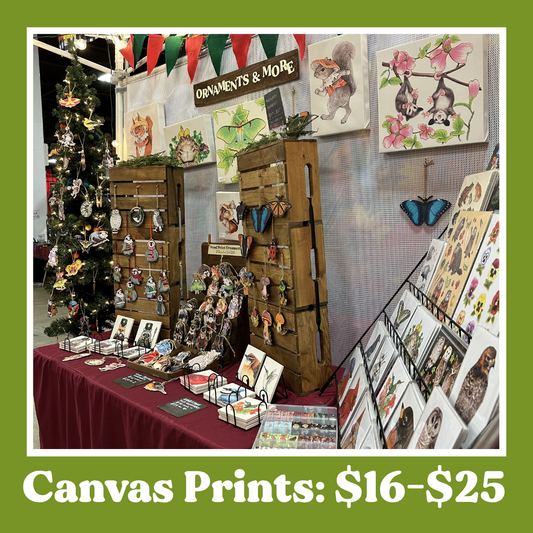 Display of canvas prints and decorative items with a price range text overlay that reads Canvas Prints: $16-$25