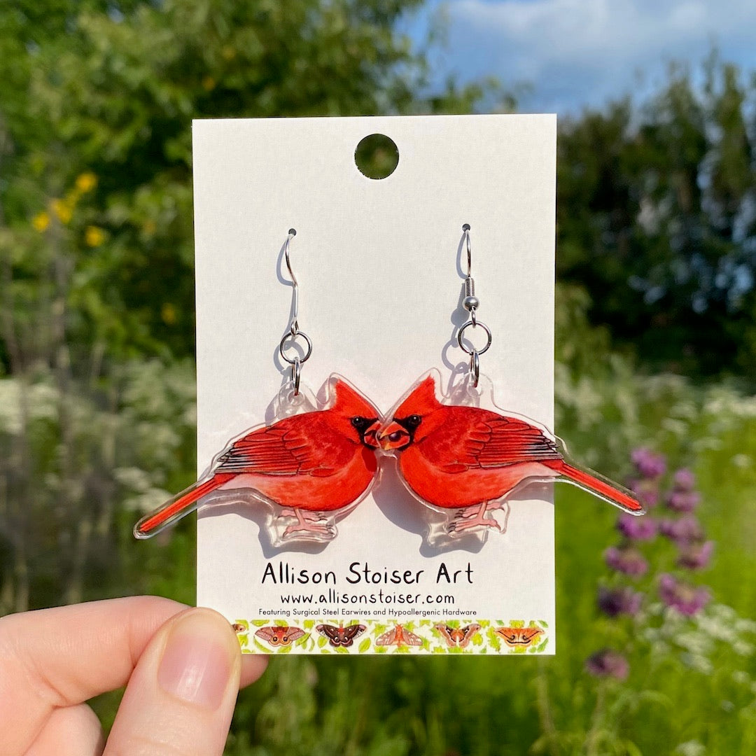 A hand holding a pair of acrylic earrings of male northern cardinals with berries in their beaks.