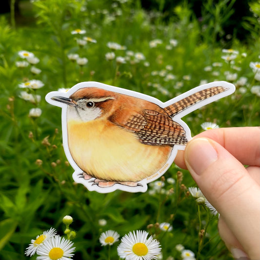 Hand holding a sticker of a Carolina wren in front of a natural background with greenery and flowers.
