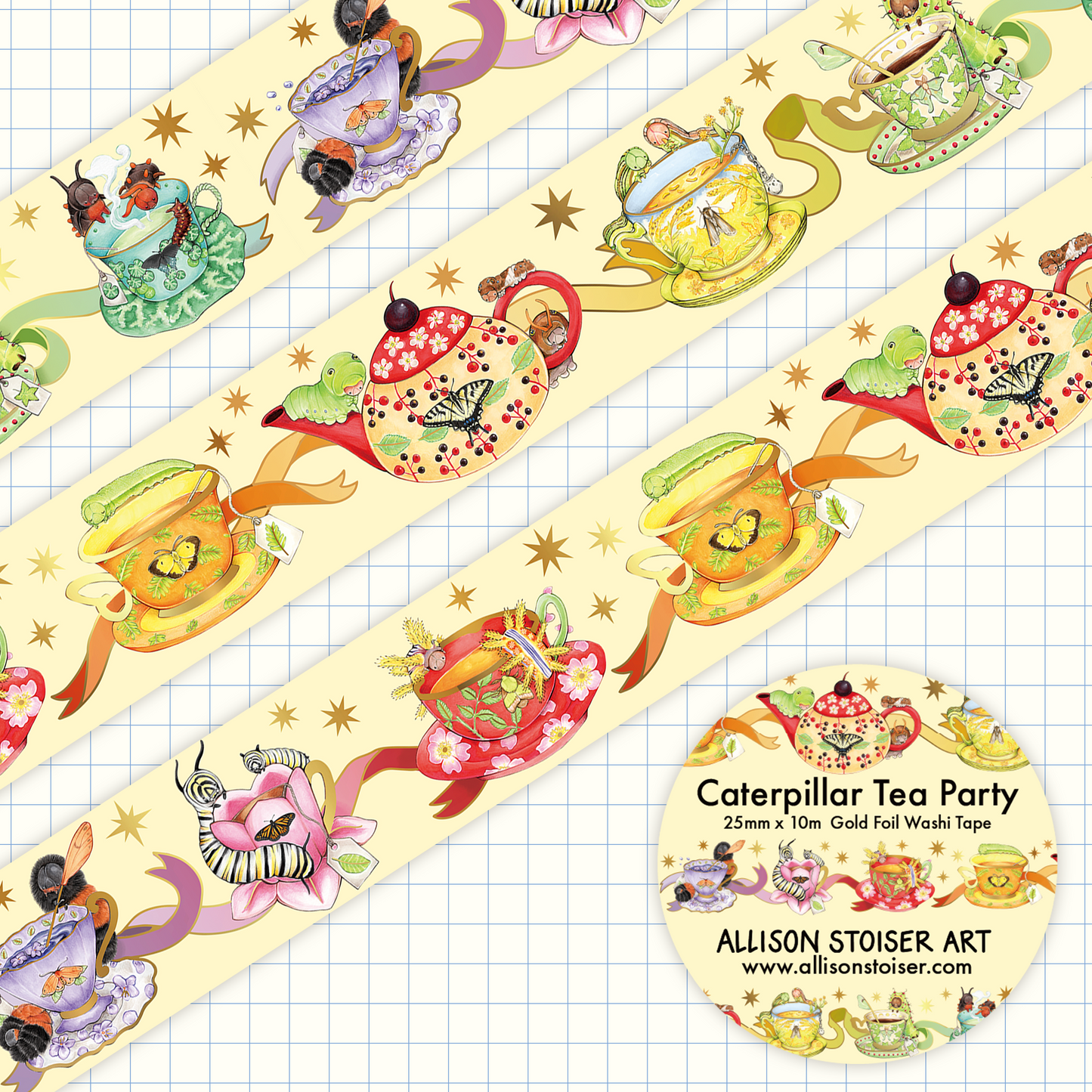 Washi tape of caterpillars with teacups arranged in rainbow order.