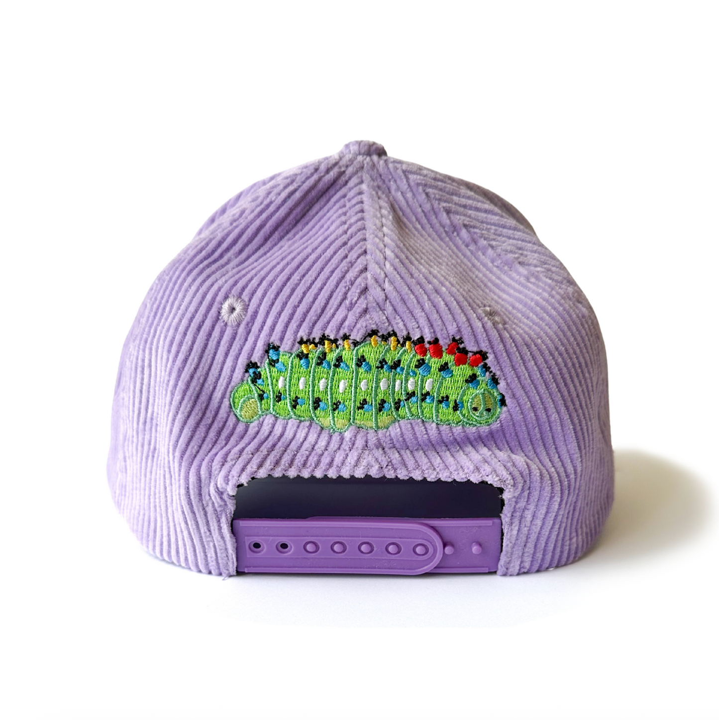 Purple corduroy cap with an embroidered cecropia moth caterpillar on a white background