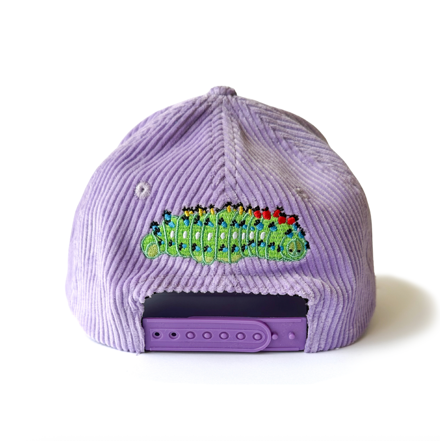 Purple corduroy cap with an embroidered cecropia moth caterpillar on a white background