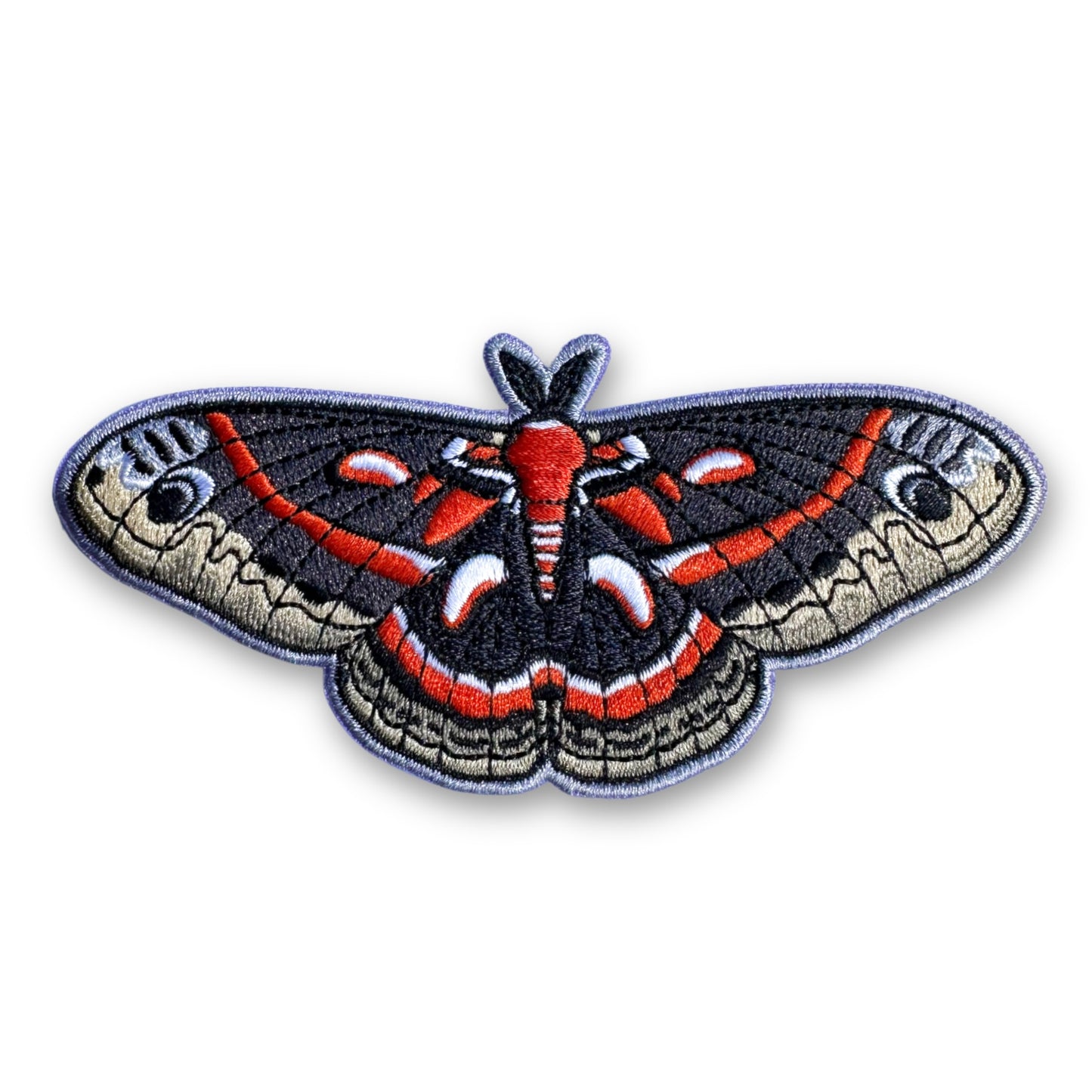 Cecropia moth patch on a white background