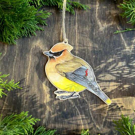 Cedar waxwing wood print ornament