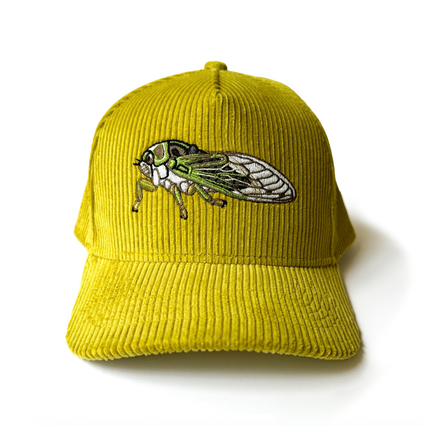 Greenish-yellow cap with an embroidered cicada on a white background