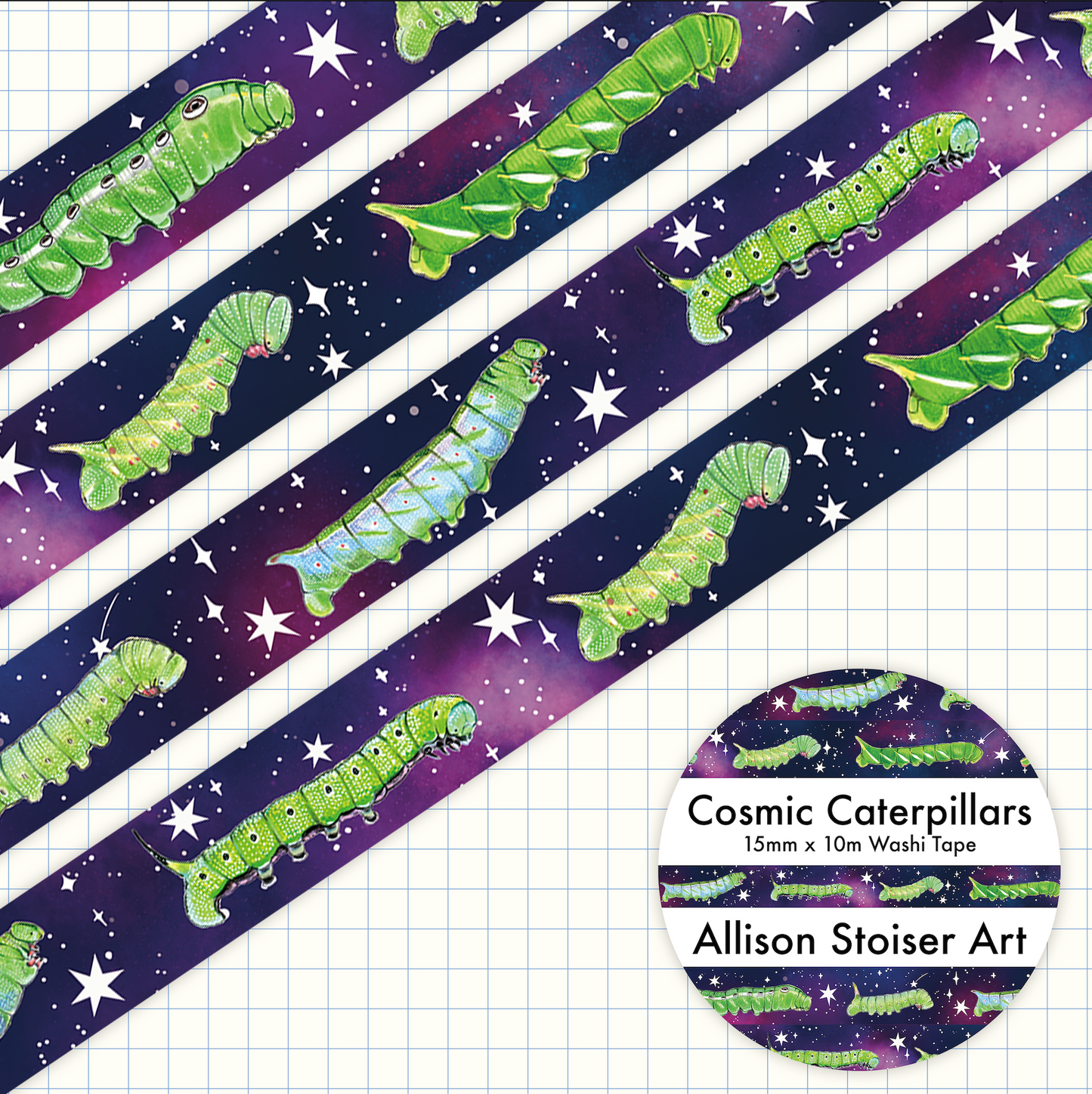 Washi tape with green caterpillars on a starry background.