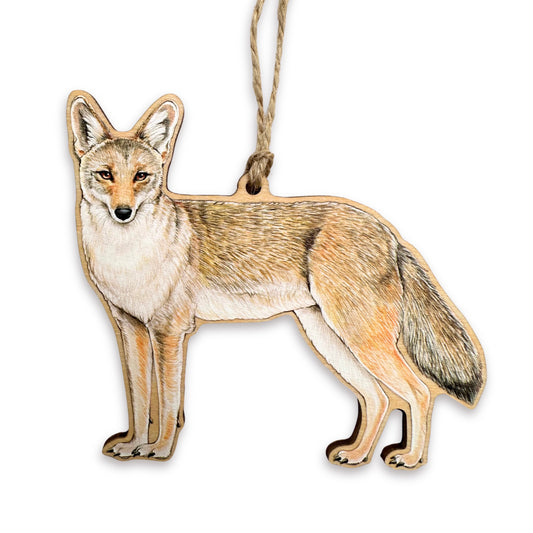 A wooden ornament of a coyote