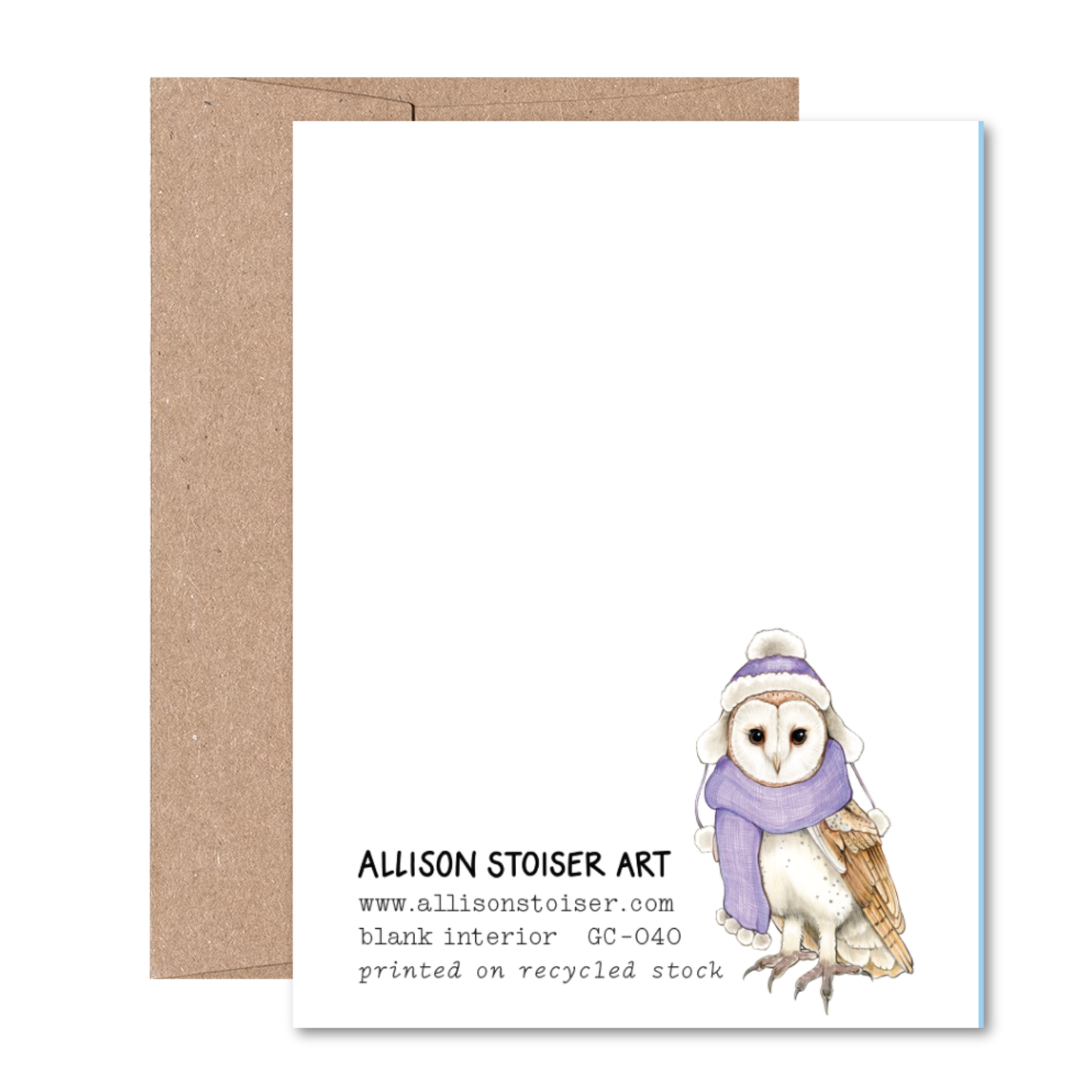 Back of greeting card with owl illustration wearing a hat and scarf, on recycled stock with Allison Stoiser Art branding.