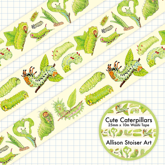 A roll of washi tape featuring various illustrations of cute caterpillars in green on a yellow background. The title of the washi tape is Cute Caterpillars, and it measures 25mm x 10m.