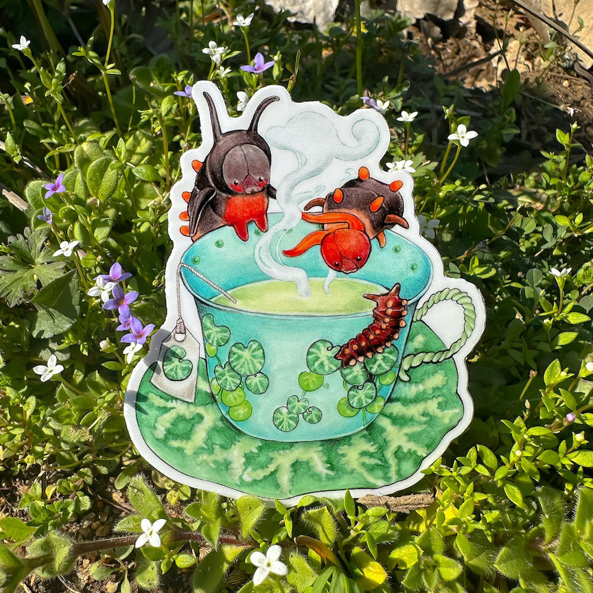 A weatherproof vinyl sticker of a blue teacup decorated with pipevine foliage and surrounded by pipevine swallowtail caterpillars.