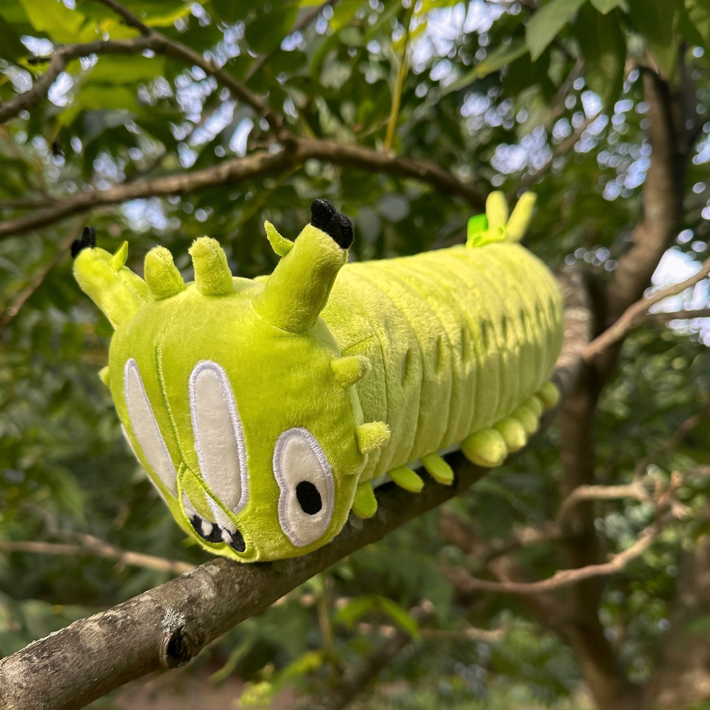 A bright lime green caterpillar plush toy with embroidered eyes and black-tipped antennae, resting on a tree branch outdoors with green leaves and branches blurred in the background.