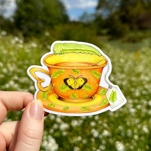 Sleepy Orange Caterpillar Teacup Weatherproof Vinyl Sticker