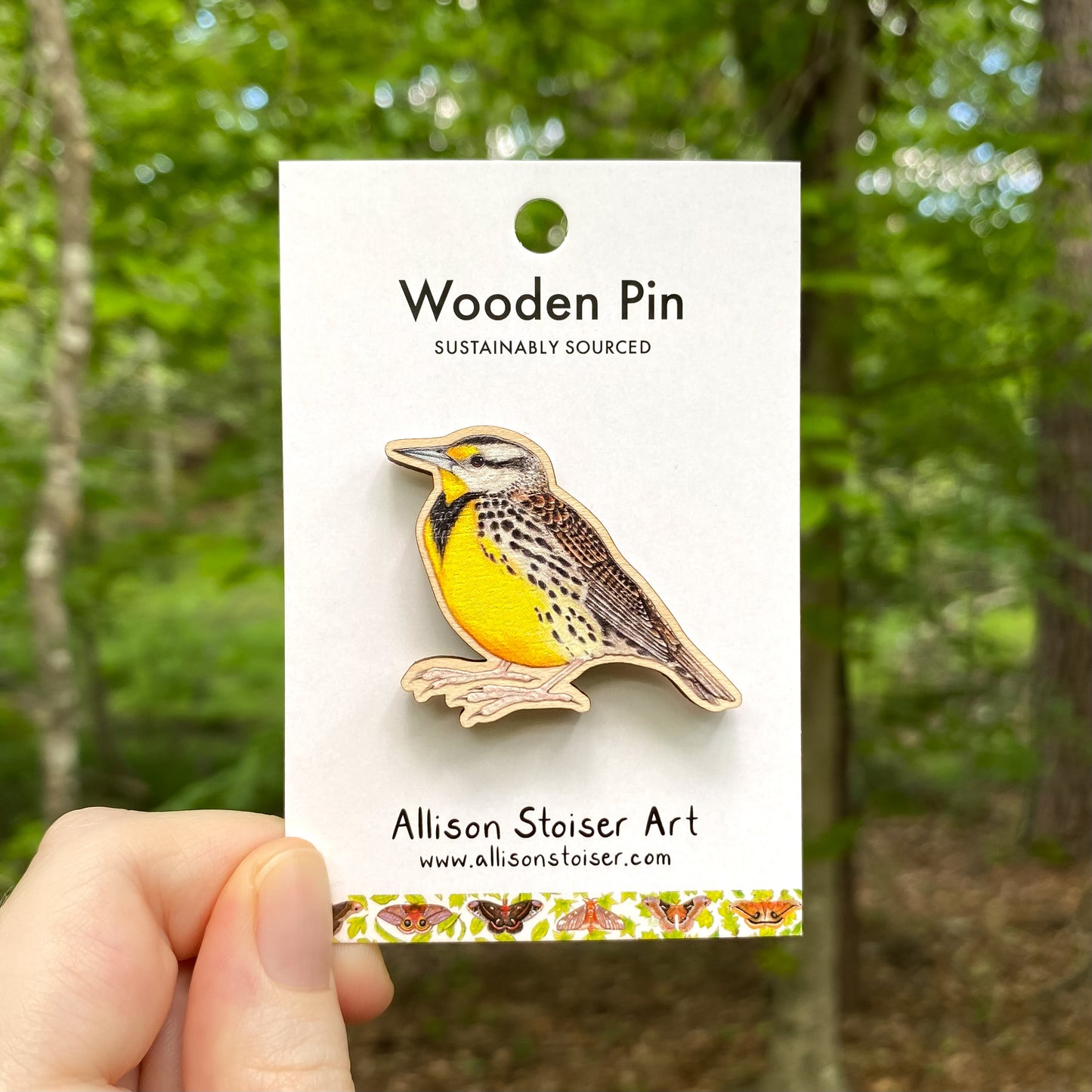 A wooden pin of an eastern Meadowlark