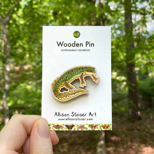 A wooden pin of an eastern newt adult
