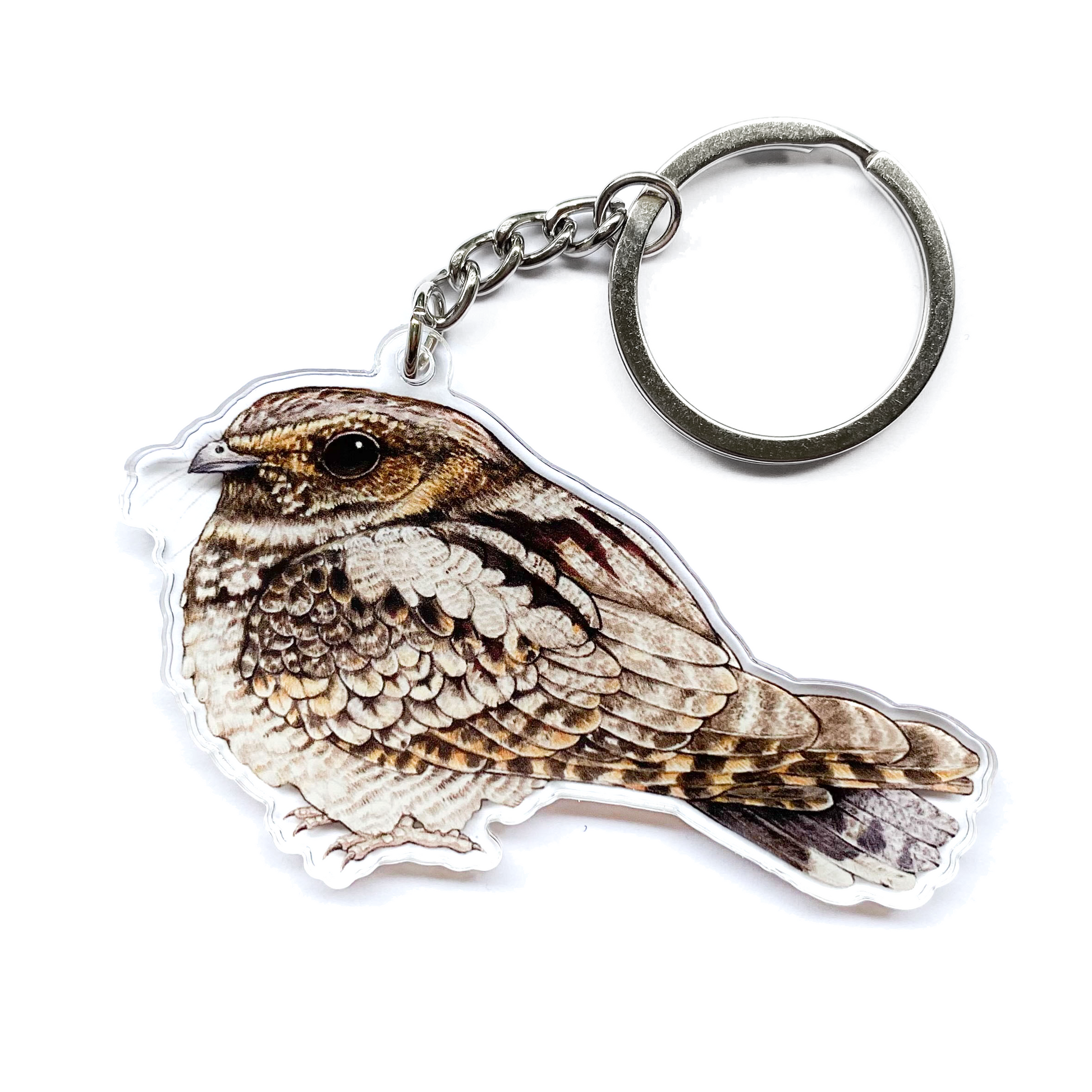 Keychain of a whip-poor-will on a white background