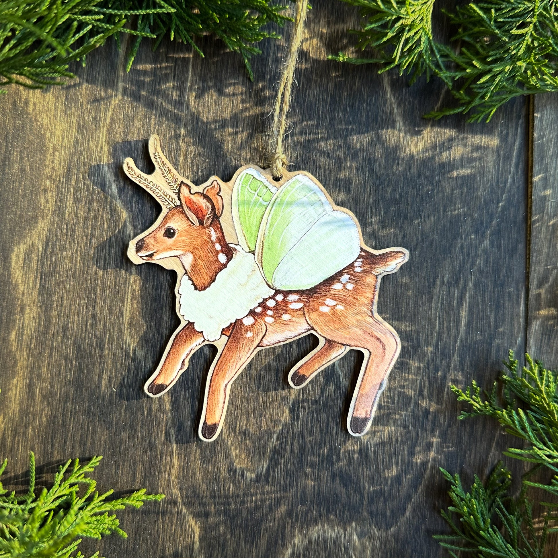 Emerald moth fawn Wood print ornament