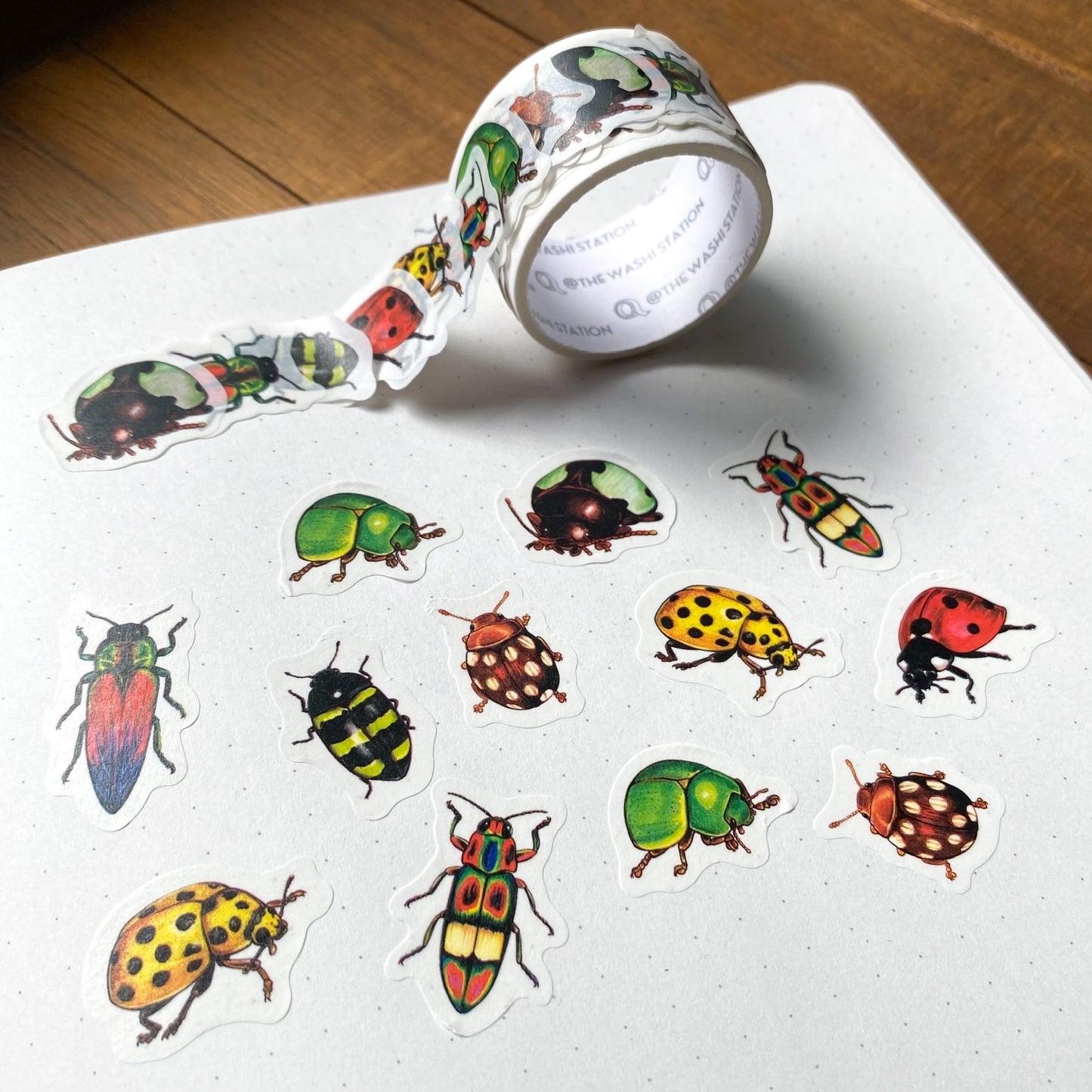 A notebook spread showing swatched beetles from a roll of overlap sticker washi tape