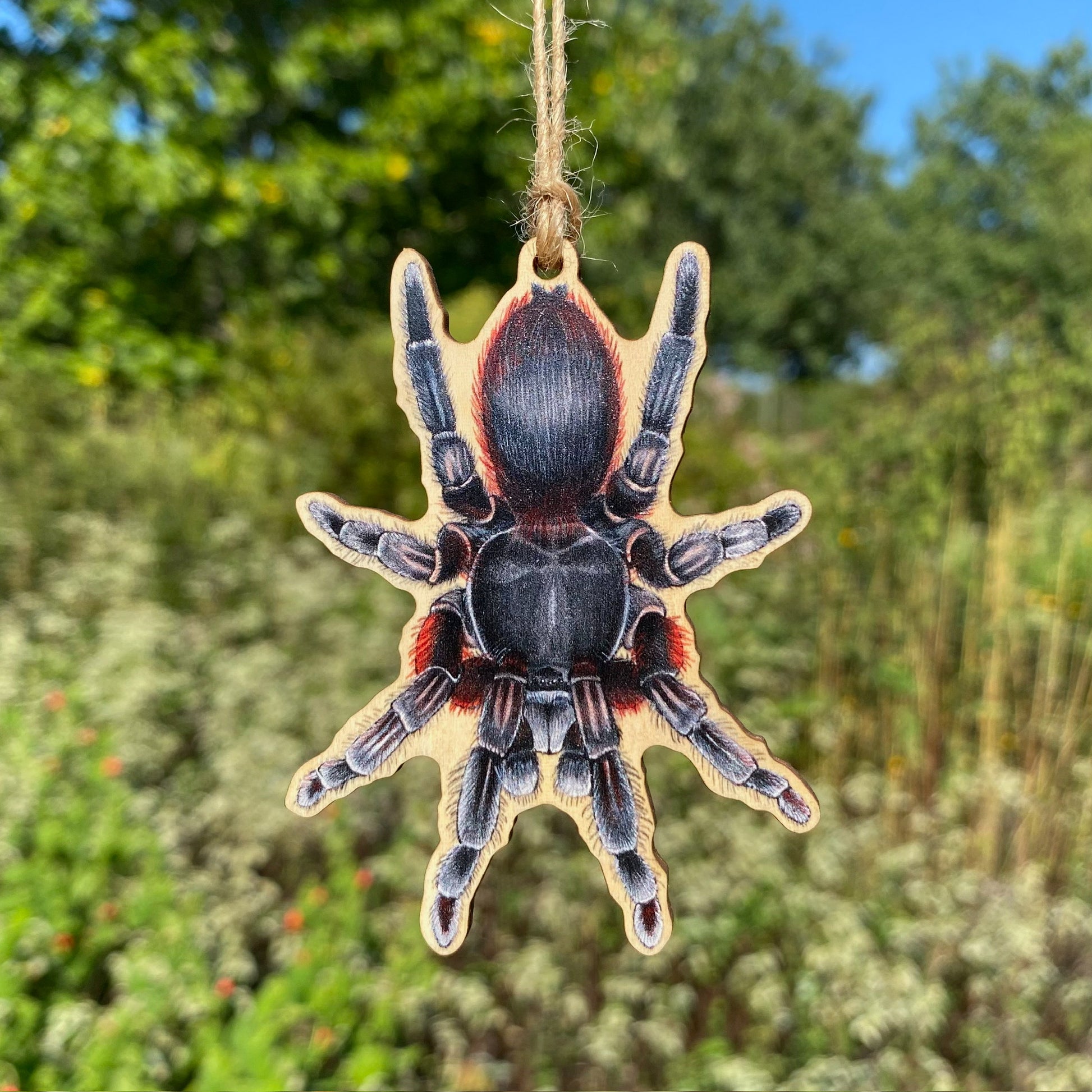 A wooden ornament strung with twine of a tarantula.