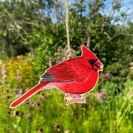 A wood ornament strung up with twine of a male northern cardinal.