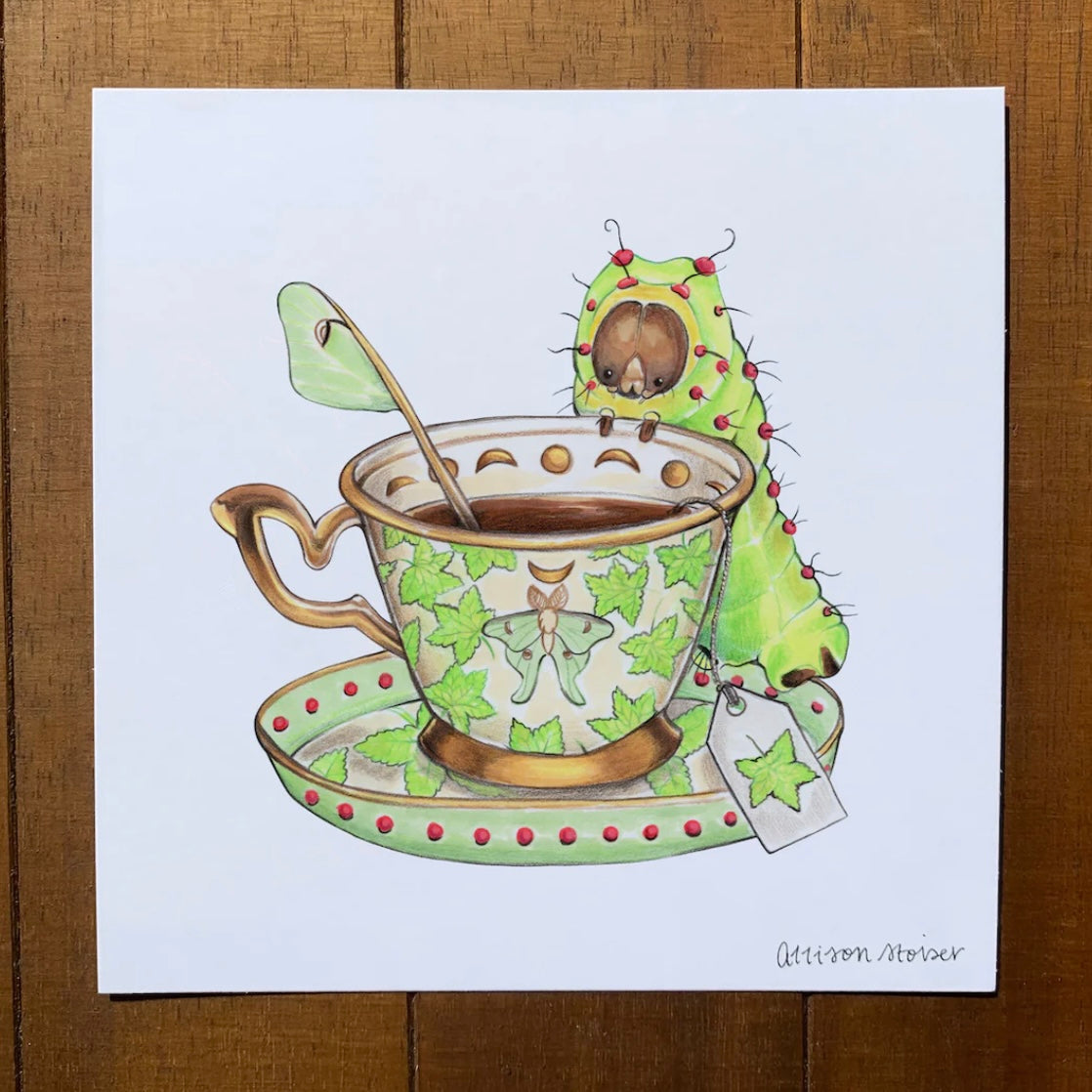 A print of a luna moth caterpillar tea party