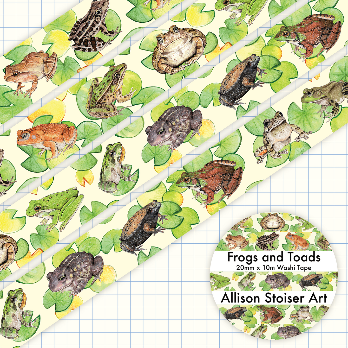 Frogs and Toads washi tape with a grid background.