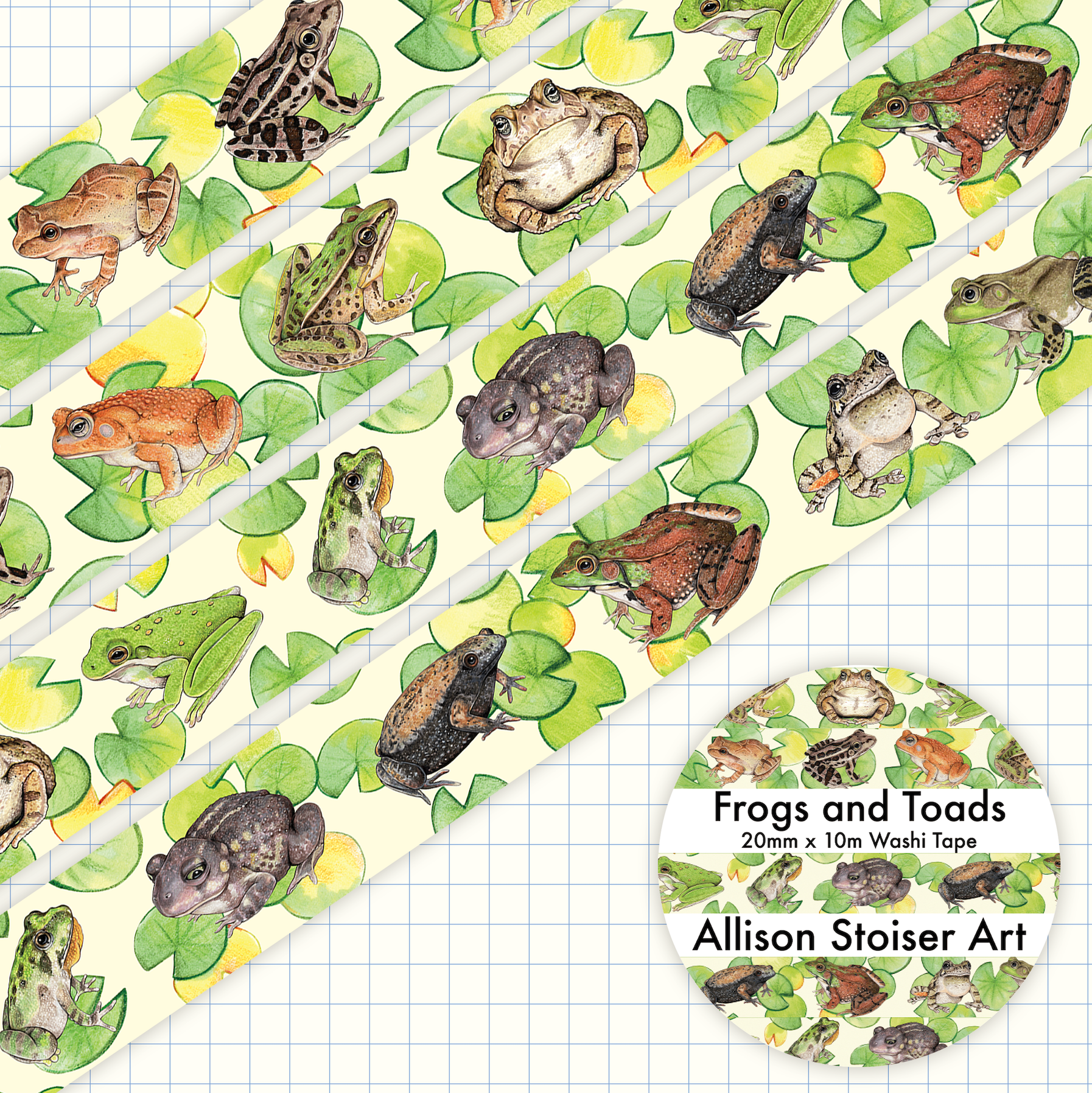 Frogs and Toads washi tape with a grid background.